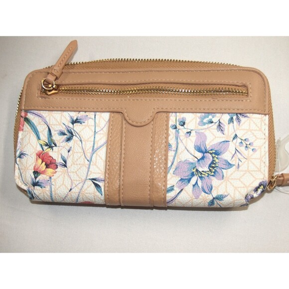 Floral faux leather Tan Large Zip Around Wallet many compartments NEW - Picture 1 of 3